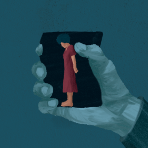 Illustratie vrouw metaforisch gevangen in een hand